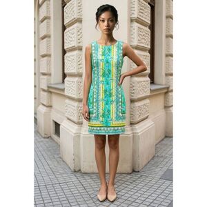 🔹️London Times Green & Yellow Tropical Leaf Sleeveless Dress Size 10